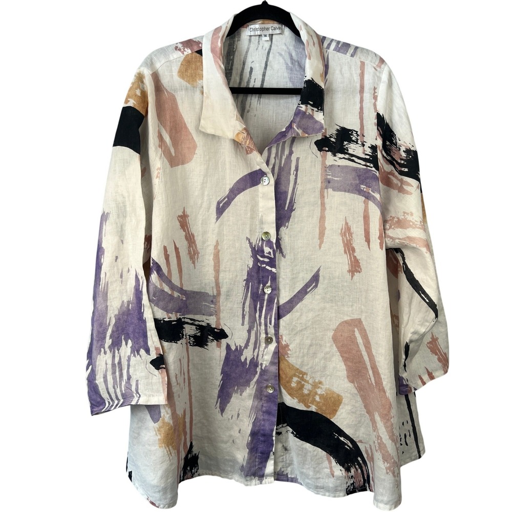 Christopher Calvin Artsy Abstract Oversized Linen Blouse Top 1X Boho Lagenlook